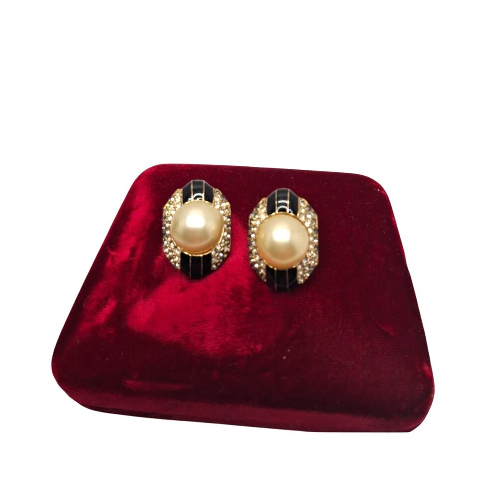 Vintage Ciner Large Faux Pearl Black Enamel Rhinestone Clip on Earrings